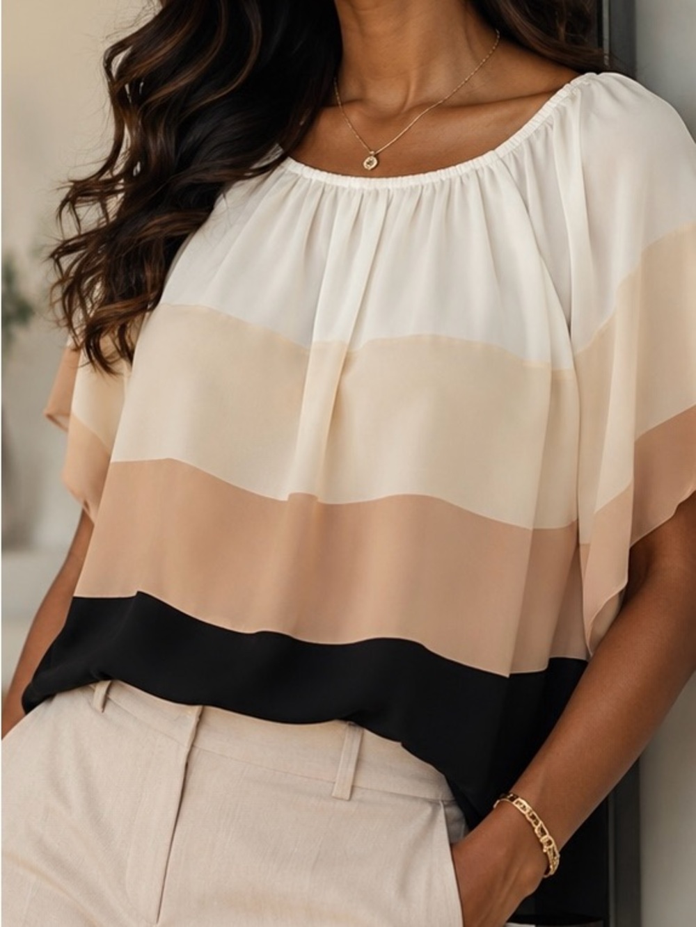 LOFT Colorblock Blouse in Cream, Beige & Black